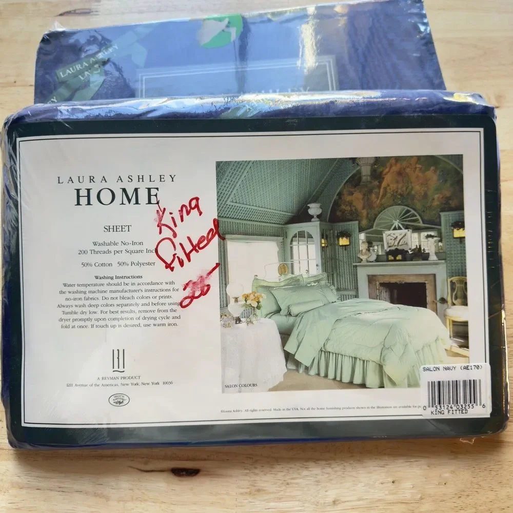 Laura Ashley Salon Navy Vintage Cotton No-Iron 1991 KING Sheets Flat Fitted NEW‎